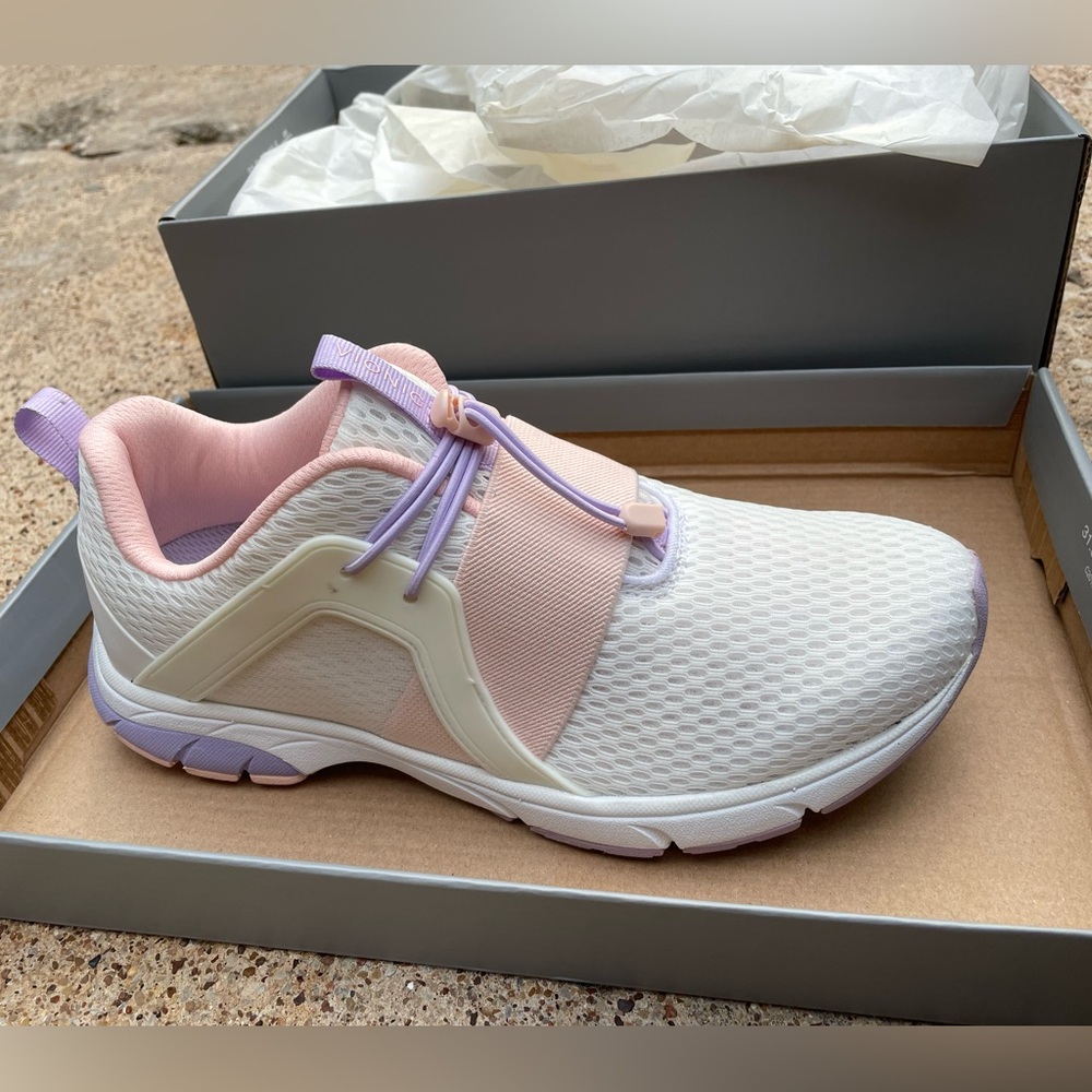 Vionic Berlin Sneaker in white with pastel lilac and pink. New in box!